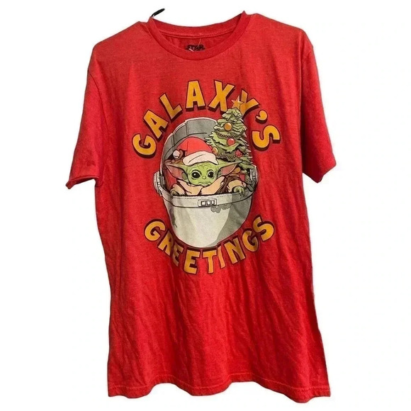 STAR WARS SIZE LARGE RED TEE WITH GALAXY’S GREETINGS from baby yoda - Picture 1 of 2